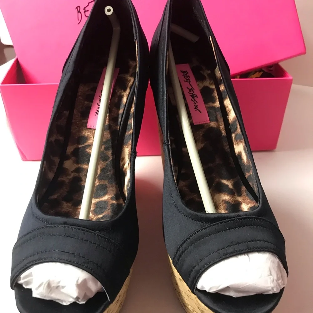 Betsey Johnson Black Satin Cork Wedges with Red Rose Embroidery